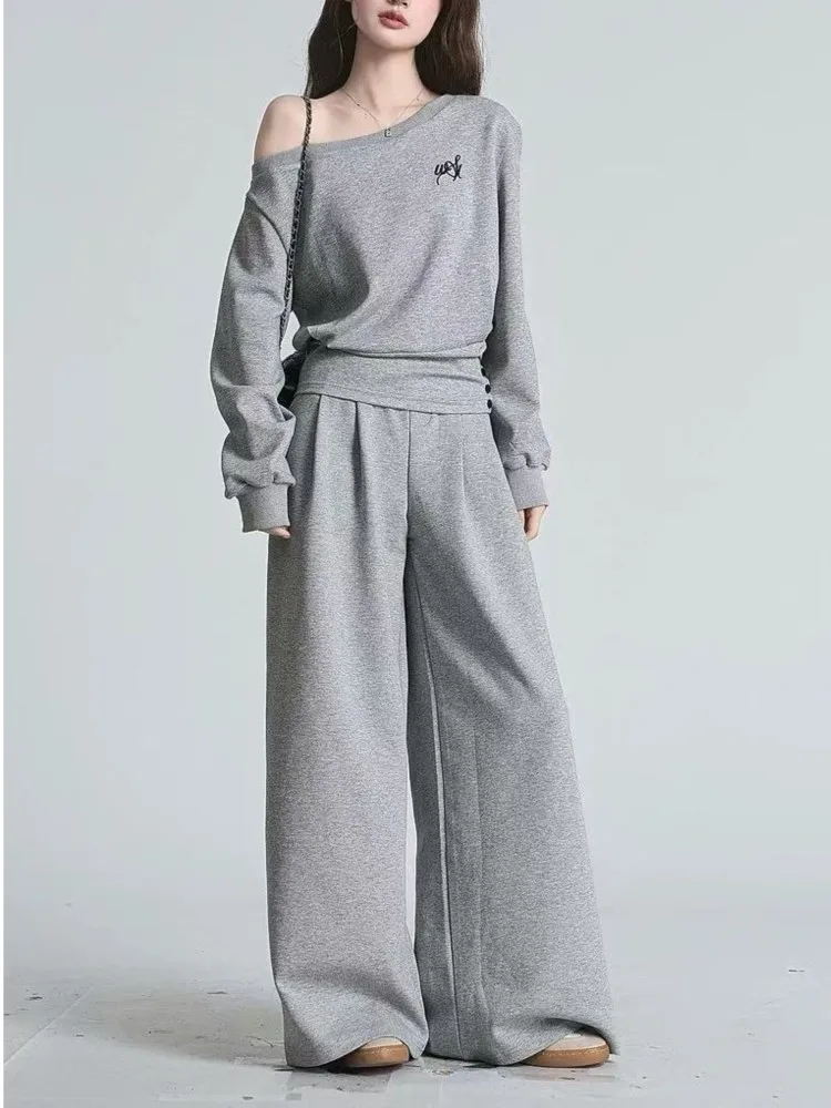 

Autumn Woman Korean Casual Two Pieces Sets Tracksuit Inclined Collar Slimming Top A Line Skirt Loose Pants Suit Set Outfits New