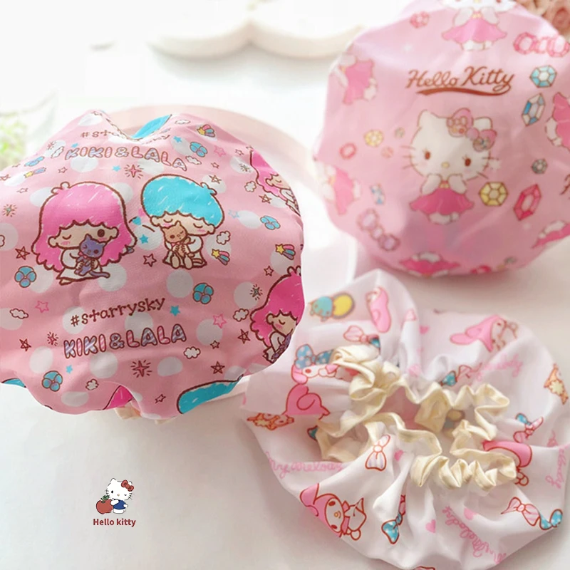 Fashion 1Pcs Sanrio Cartoon Pattern Bath Cap Hello Kitty Kuromi Melody Elastic Double-Layer Bath Cap Waterproof Hair Guard Cap