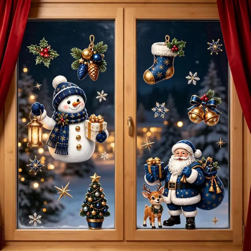 Christmas Window Wall Decal Sticker 1/2/4 Sheets Cartoon Snowflake Snowman Santa Claus for Storefront Xmas Decor