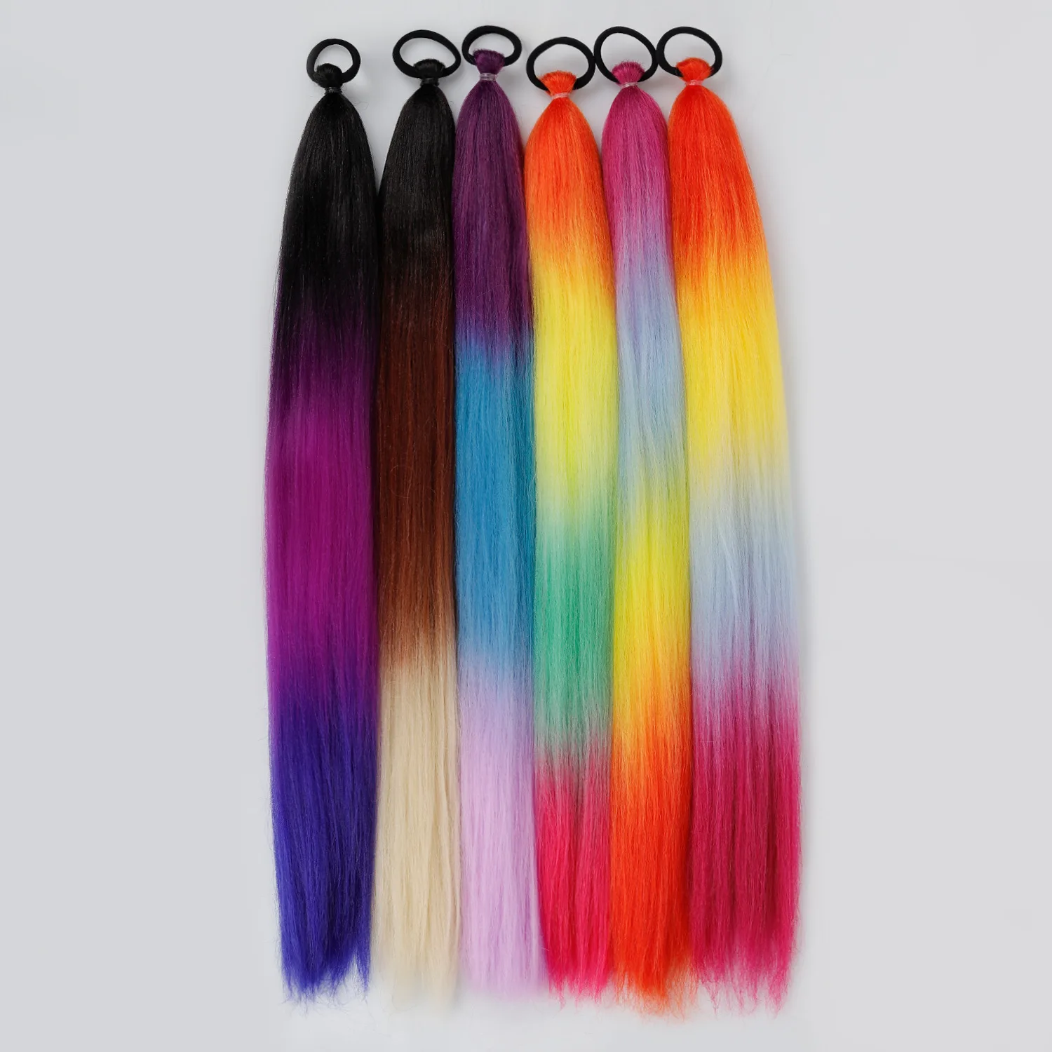Kids Colorful Gradient Ponytail Hair Extensions Ombre Synthetic Braided Hairpiece with Rubber Band for Cosplay Party