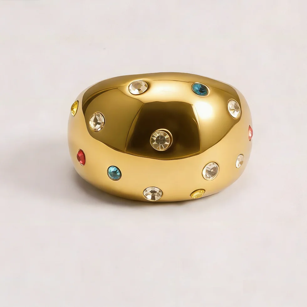 Vergoldeter 316L Edelstahlring mit mehrfarbigem Edelsteinbesatz, Vintage Bohemian Breitbandring – Detail 4