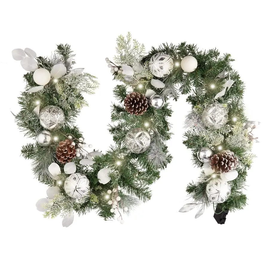 

6 Feet PreLit Christmas Garland with Lights for Mantle, Lighted Outdoor Xmas Garland with Snowy White Ball Pinecones for Home St