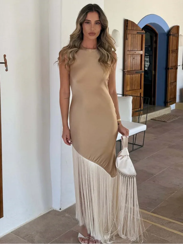 

Elegant Backless Sleeveless Tassel Dress For Women 2025 Summer New Party Club Evening Dress Slim Fit Formal Gown
