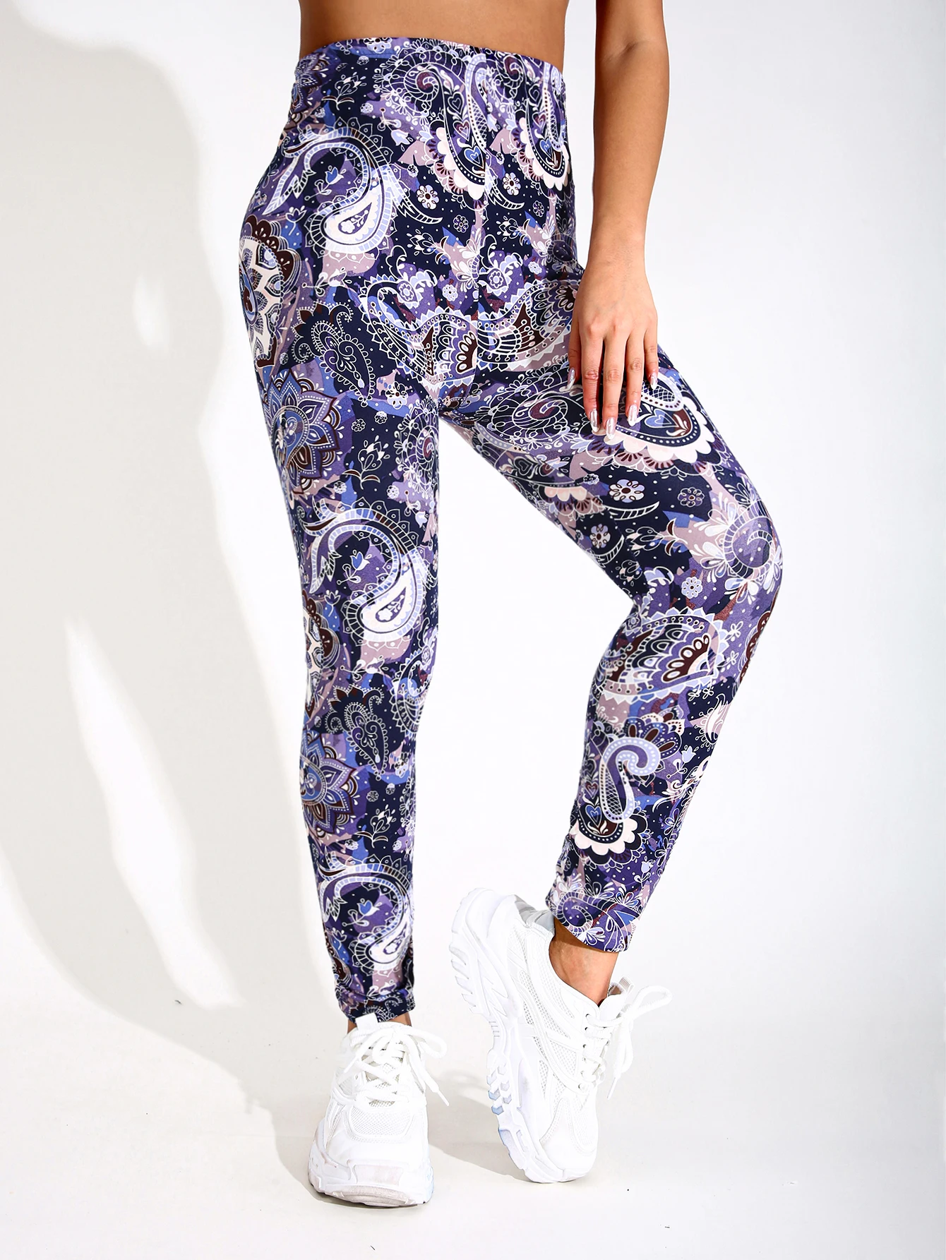 Pantalon moulant décontracté imprimé fleur violette pour femmes, pantalon de Fitness et de Yoga à haute élasticité, pantalon crayon Sexy à neuf points