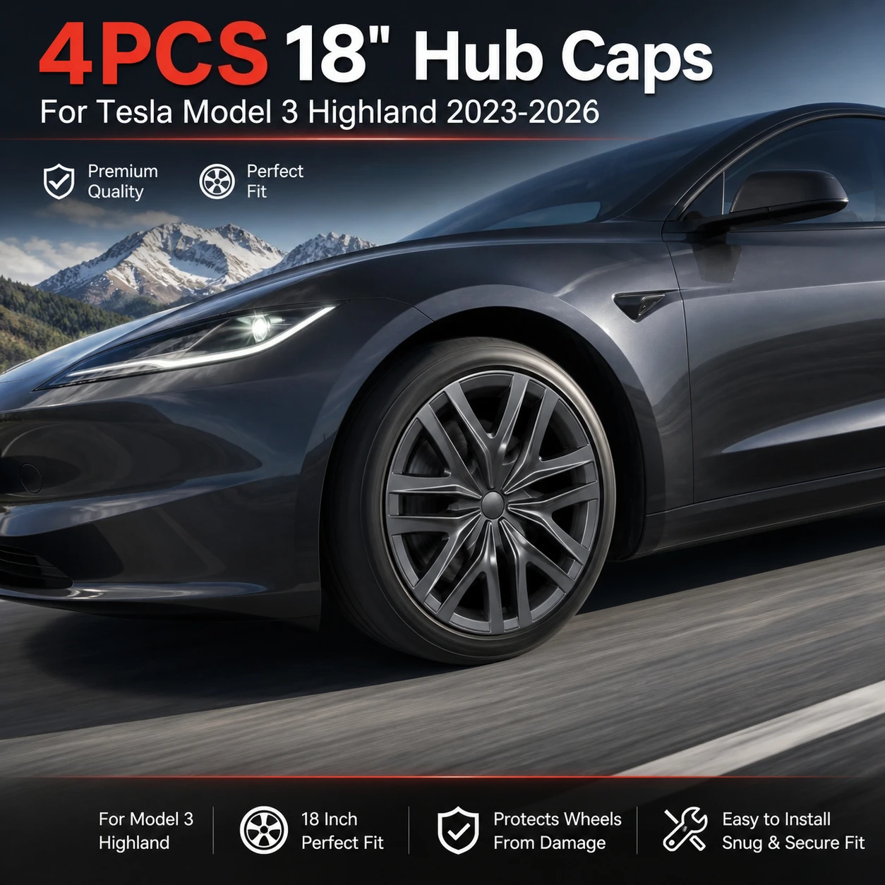 4 Stück 18" Radkappen im Arachnid-Stil für Tesla Model 3 Highland 2023-2026 Felgenabdeckung Autoschutz-Zubehör
