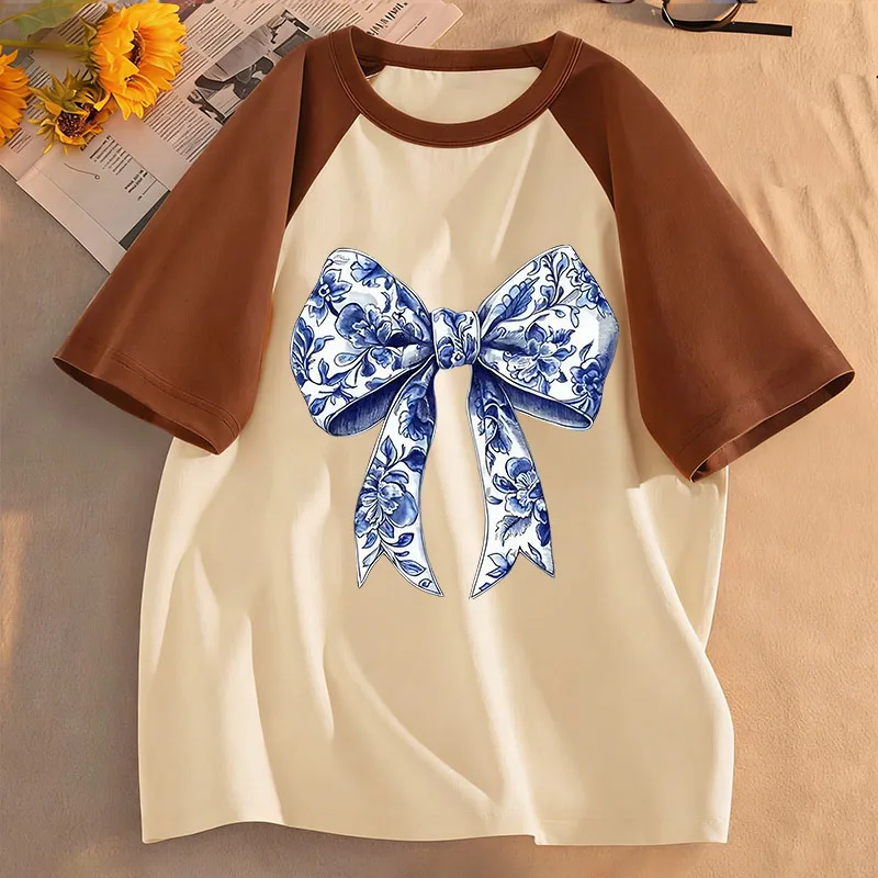 Girls Y2k Blue Lover Bow Design Printed T Shirts Kids Children's T-shirt Girls Summer Spring Casual Top Tee