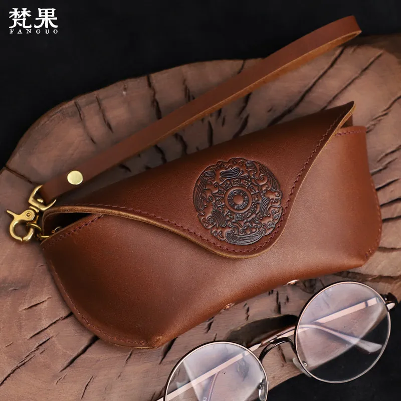 Handmade Genuine Leather Glasses Men's First Layer Cowhide Anti-Pressure Sunglasses Bag Women's Portable
