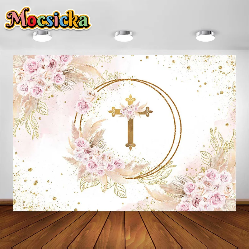 

Bautizo Backdrop Boho Pink Floral Wreath Gold Cross Baby Baptism Photography Background First Holy Communion Photozone Props