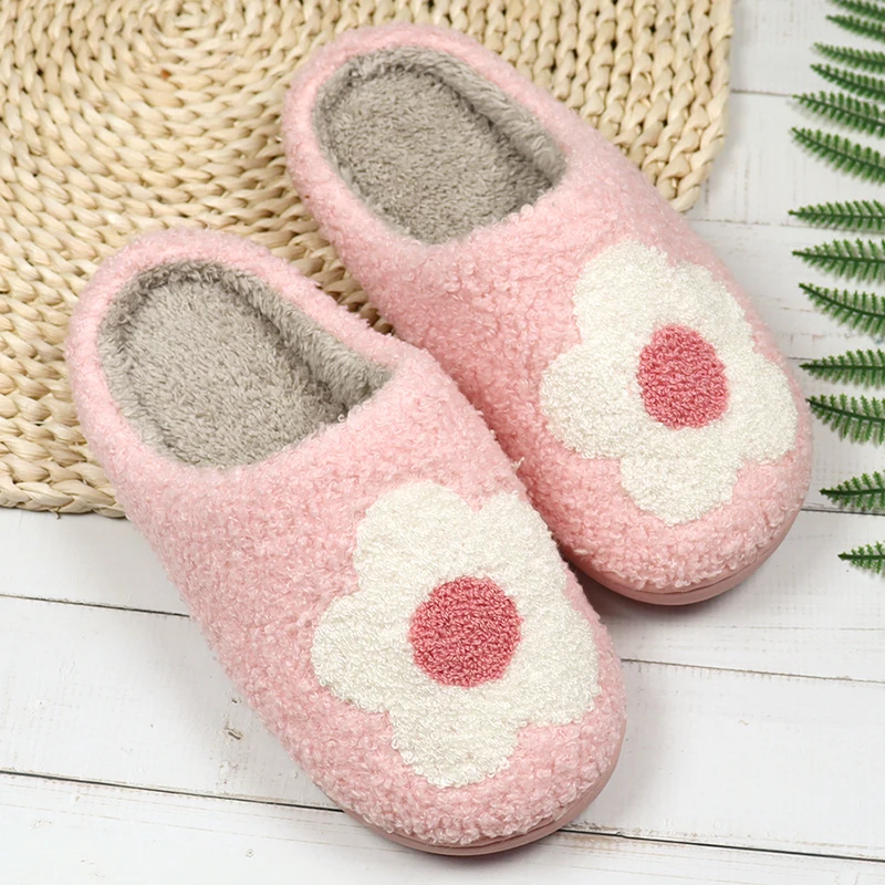 

Home Flower Decor Warm Winter Cotton Slippers for Couples Men Women Thick Soft-sole Shoes Non-slip Platform Fuzzy Shoes Slippers