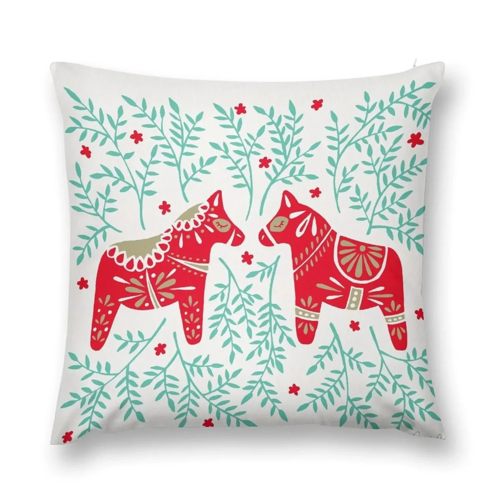 Swedish Dala Horses – Red & Mint Palette Throw Pillow Rectangular Cushion Cover Cushion Covers For Living Room pillow