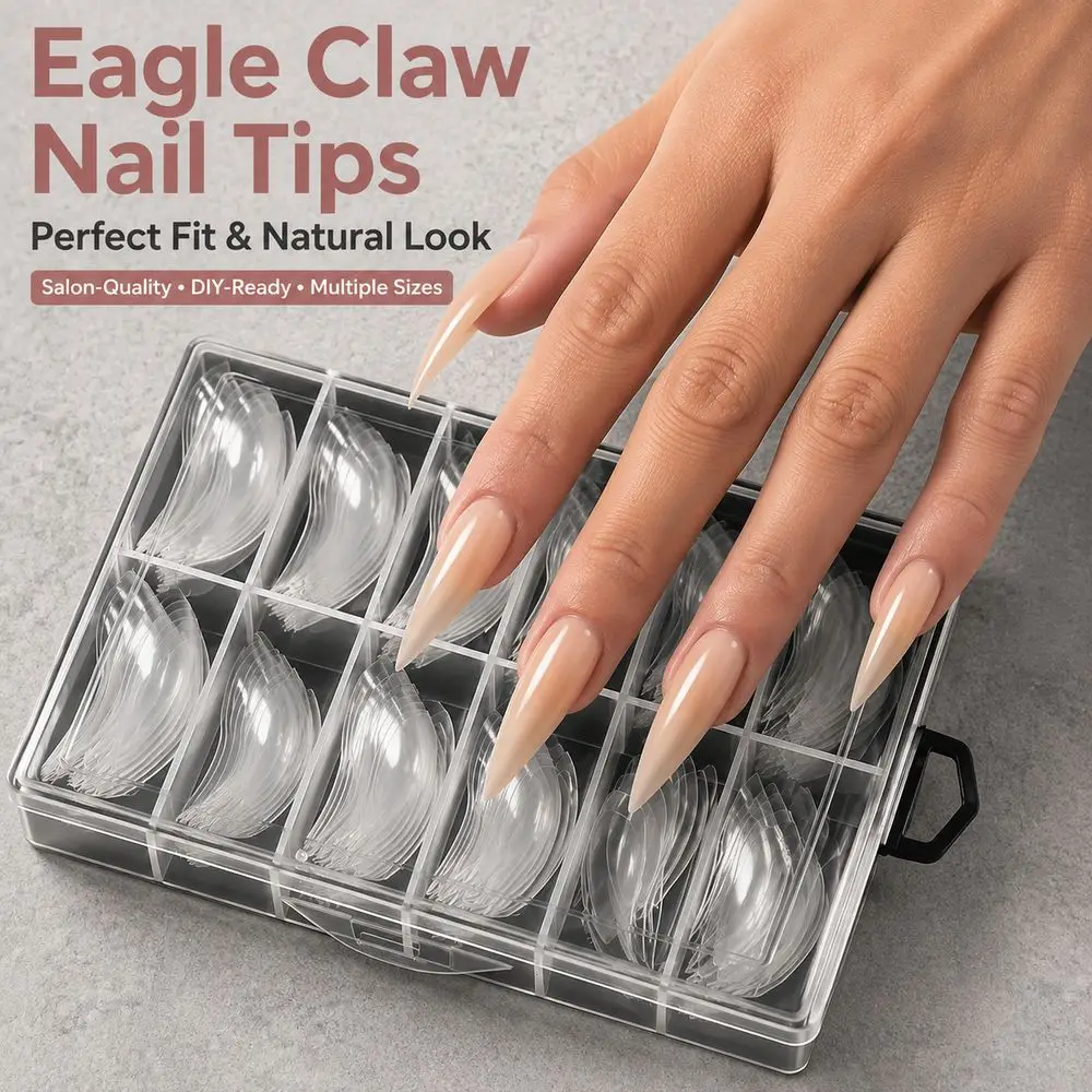 120Pcs Eagle Claw Shape False Nail Tips Box‑Packed Clear Curved Stiletto Tips 12 Sizes For Custom Acrylic Nail Art Look