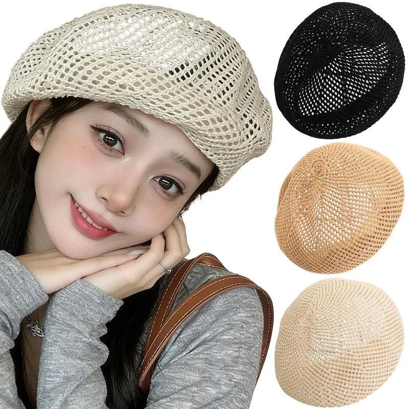 Japanese Style Beret Hat Women Openwork Breathable Cap Adjustable Elastic Artist Painter Hat Lightweight Vintage for Daily Wear