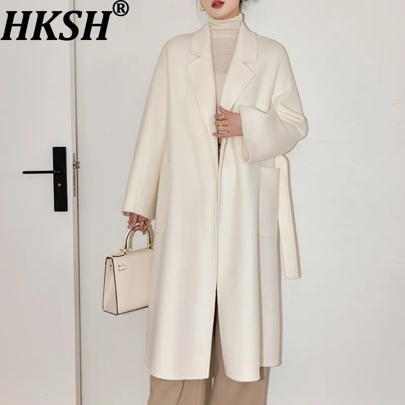 

HKSH 2025 Autumn Winter New Women's Double-Sided Wool Overcoat Solid Color Pockets Belt Elegant High-End Thick Long Coat HK15529