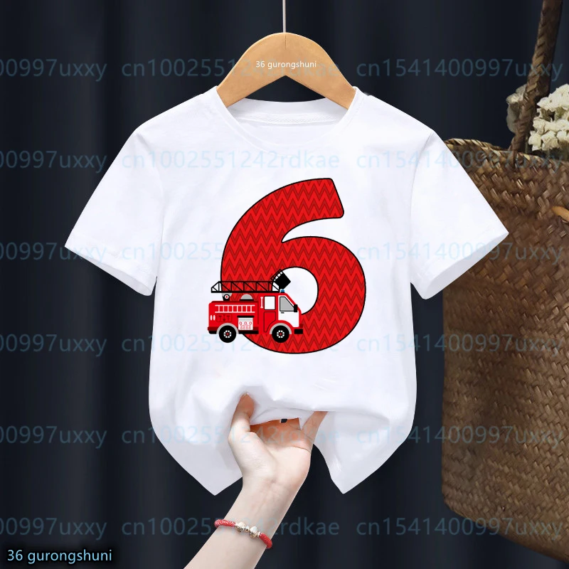 2023 Hot Sale T-Shirt For Boys Funny Basic Fire Truck Birthday Number1-9 th Birthday Party Clothes For Children Kids Tshirts top