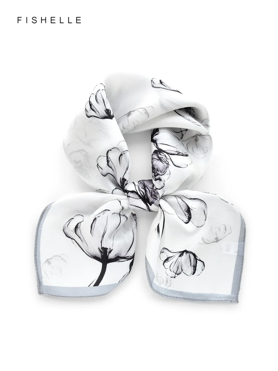 

Белый чернильный цветок, 100% шелковый шарф, шаль, женская повязка на голову, шейный платок, весна-осень, женские подарки, галстук, шелковый атлас, 50 см