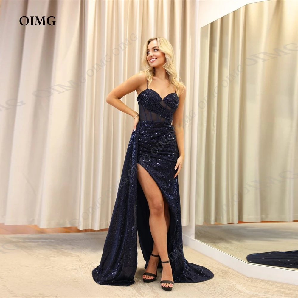 OIMG Shiny Sequins Side Split Evening Dresses Sleeveless Blue Elegant Prom Gown Spagehtti Straps Formal Party Dress Vestidos