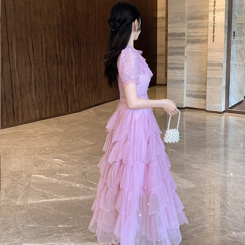 달콤한 핑크 진주 구슬 케이크 프릴 파티, 레이스 메쉬 패치워크 퍼프 슬리브, 할로우 아웃 베스티도, 원피스 프렌치 여름 패션