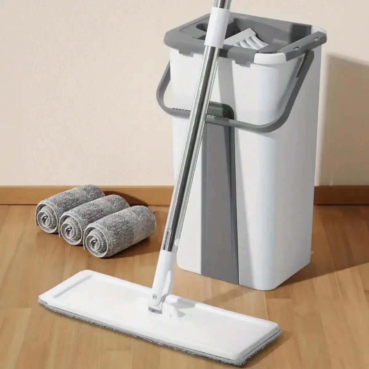 Hand Free Flat Floor Mop And Bucket Set For Professional Home Floor Cleaning System With 3PCS Washable Microfiber Pads For Hardwood Dust And Dirt Removal, Wet And Dry Use, Spin Mop For All Floor Types And Windows
