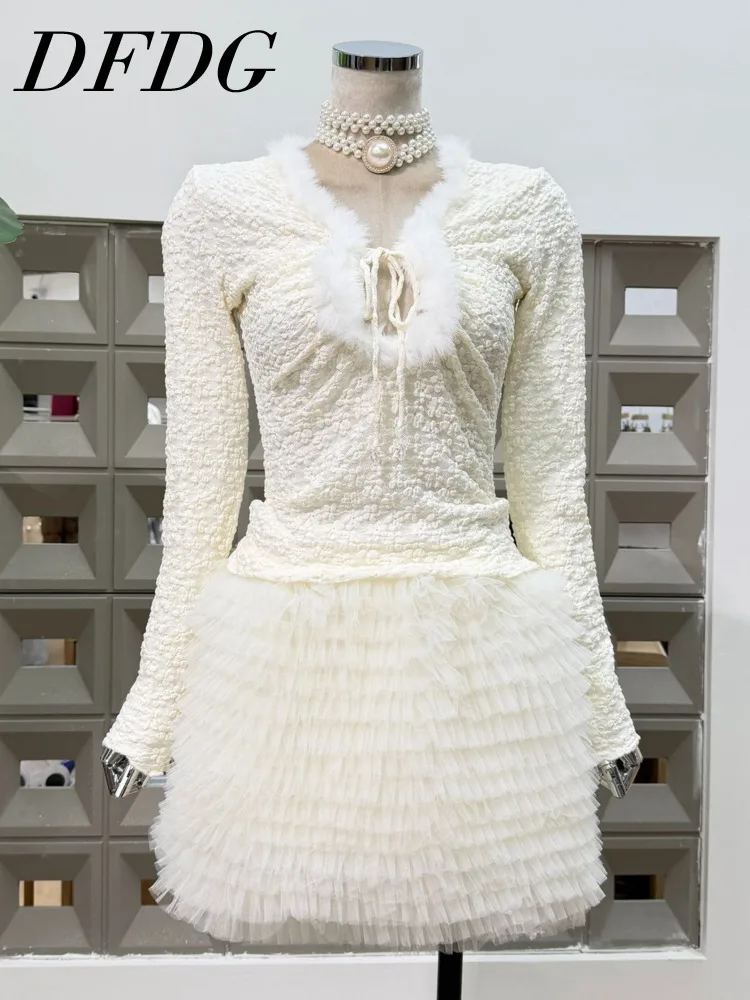 

DFDG 2025 Women’s Patchwork Knit Top Mesh Tiered Skirt Set Deep V Neck Low Cut Bodycon Pullover Fur Trim Sexy Spring Autumn Set