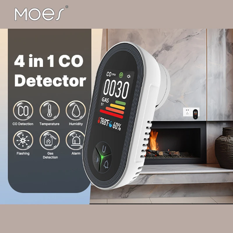 

Подключаемый детектор газа MOES 4-в-1 для CO и природного газа, с датчиком температуры/влажности, сигнализация для сжиженного нефтяного газа/пропана/метана/этана ​ ​
