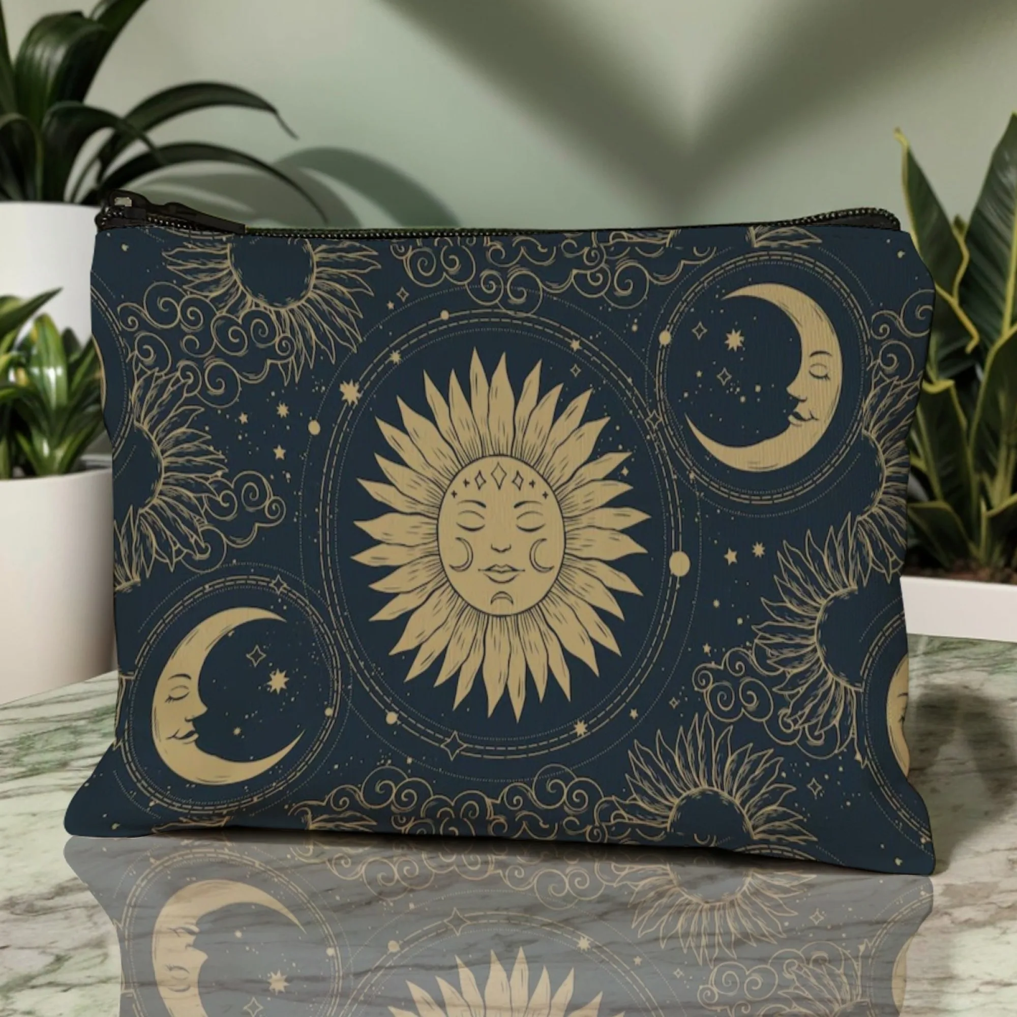 Mysterious Tarot Theme Print Dreamy Sun-Moon Cosmetic Pouch Washable Fabric Black & Gold Tones Perfect Gift for Occult Lovers