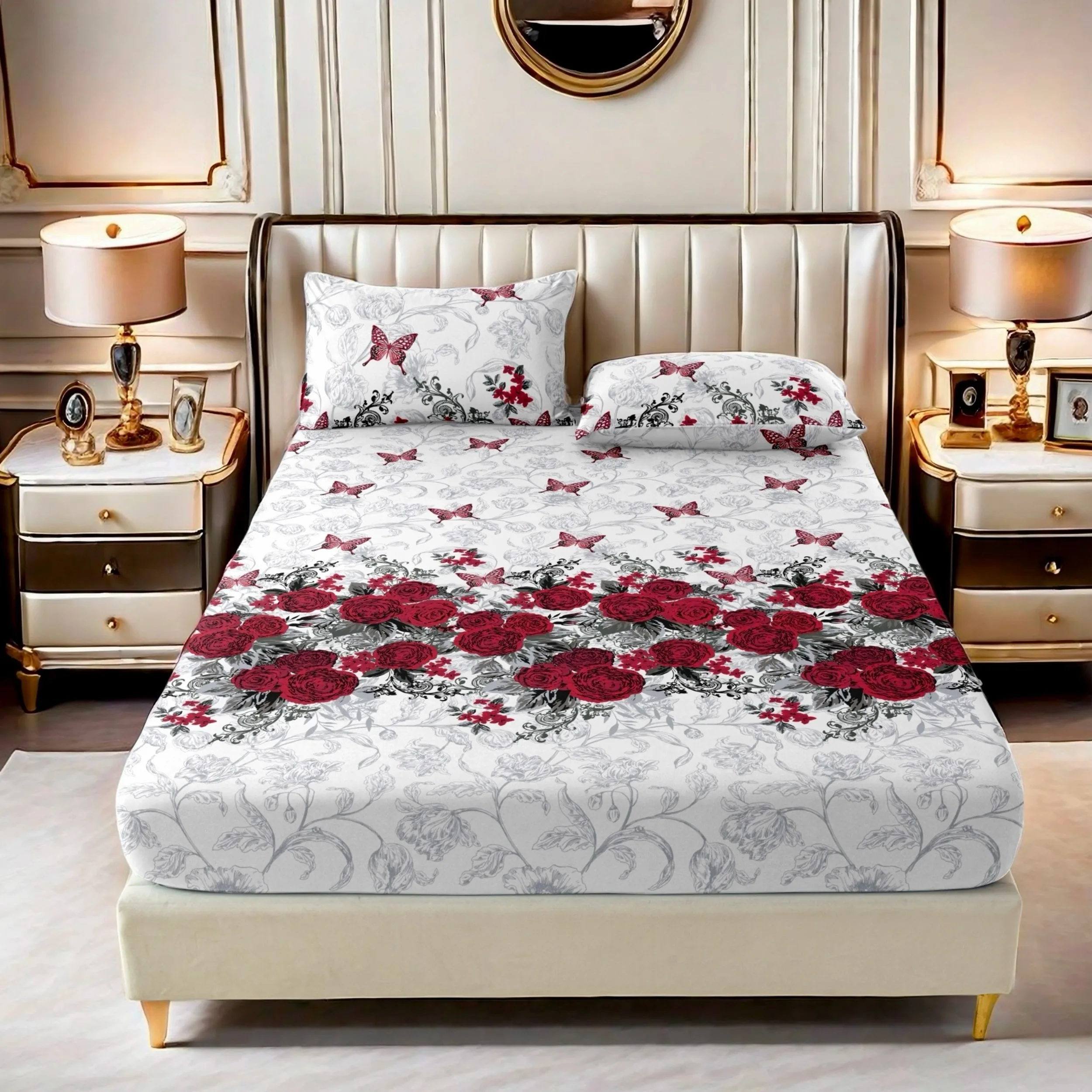Red Small Butterfly + Red Rose Cluster French Romantic Digital Print Three-Piece Fitted Sheet Set, Three-Piece Bedding Set (Including 1 Fitted Sheet + 2 Pillowcases), 3-Piece Set, Large Deep Pocket 2D Printed Fitted Sheet and 2 Pillowcases, Fitted Sheet Style with Elastic Band, Protective Cover, Mattress Protector, Suitable for All Seasons, Machine Washable Design, Holiday Decoration, Various Sizes, Breathable Protective Cover Plus Pillowcase view 5