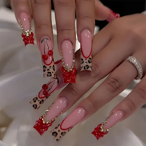 Long Square Cherry Leopard Press-On Nails