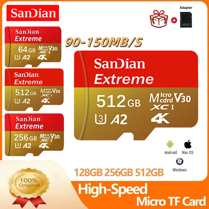 100% Original V30 A2 U3 Memory Card 128GB SD Card 512GB High Speed TF SD Card 256GB TF Card For Phone/Computer/Drone/Psvita