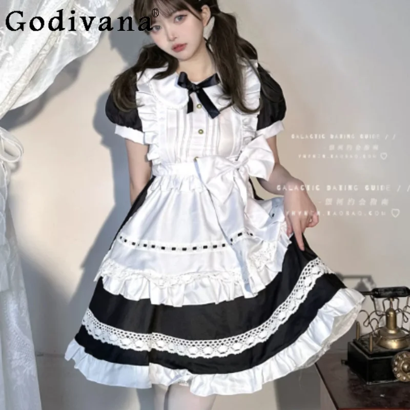 

L-5XL Elegant Sexy Black White Cos Maid Short Japanese Dress Girl Lolita Large Size Summer Short Sleeve Bow Sweet A-line Dresses
