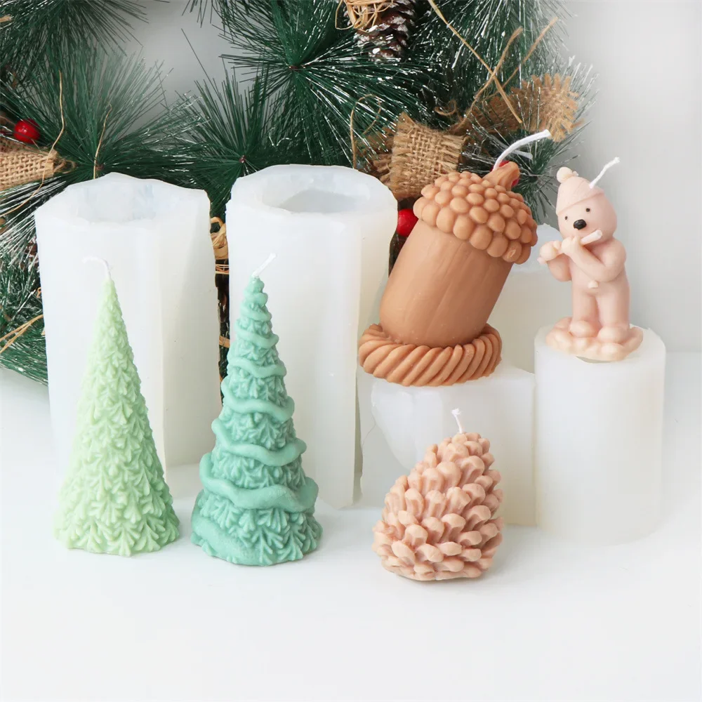 Christmas Pine Cone Silicone Candle Mold 3d Christmas Tree Flute Snowman Candle Making Kit Aromatherapy Plaster Resin Mold