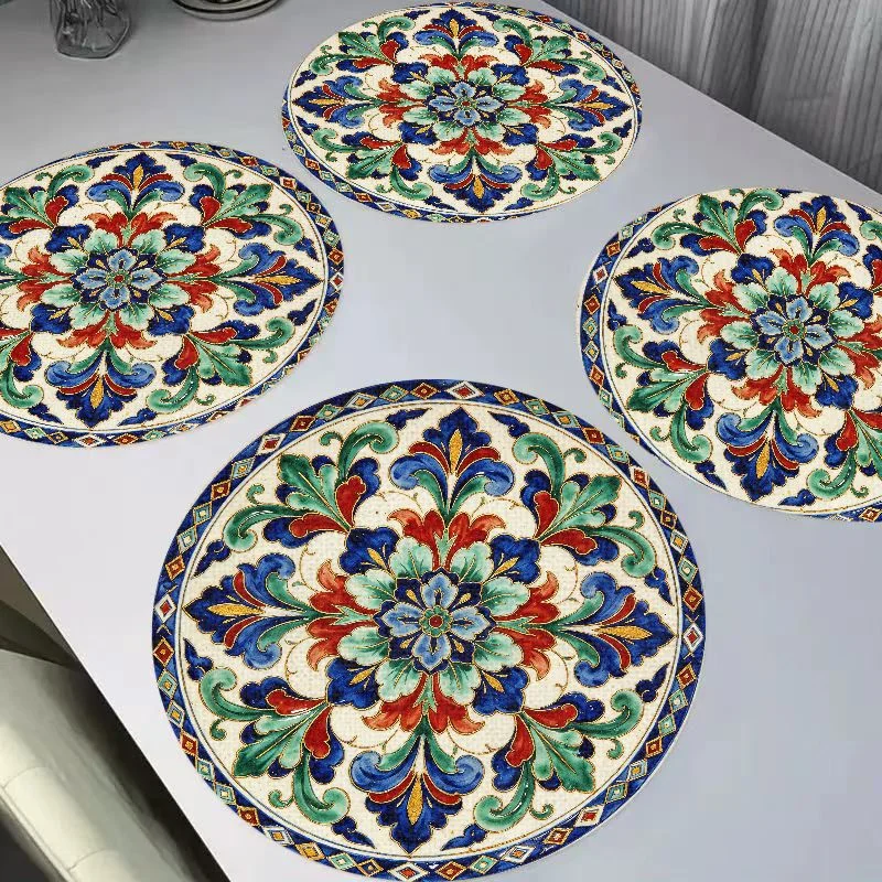 VIKAMA Sicilian Retro Colored Porcelain Mandala Round Linen Table Mat Insulation and Wear resistant Table Mat Desktop Decor