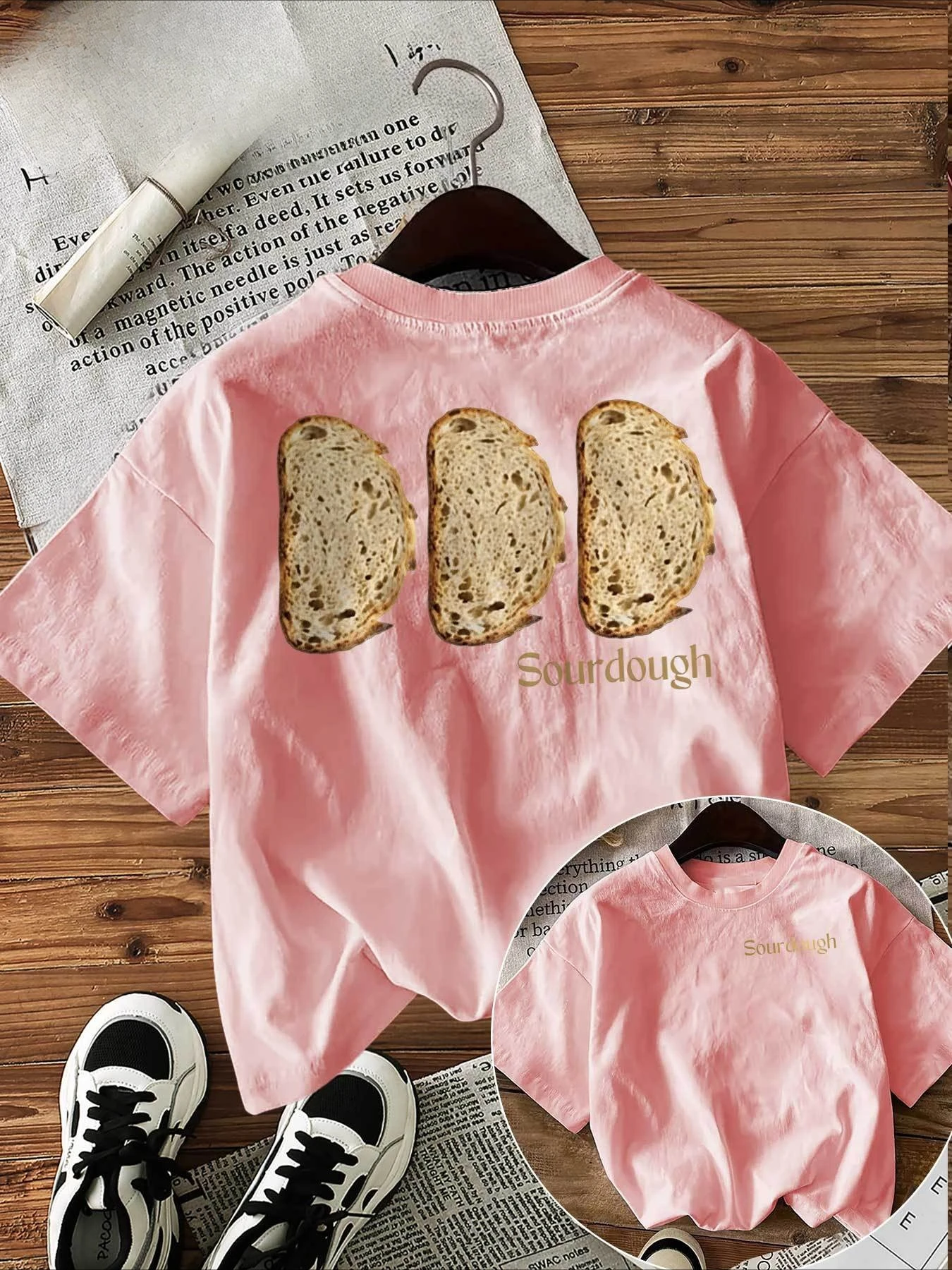 Fashion Top for Spring and Summer Realistic Style Sourdough Print Round Neck Sleeve Pure Harajuku Sleeve Casual Aesthetic Clothe