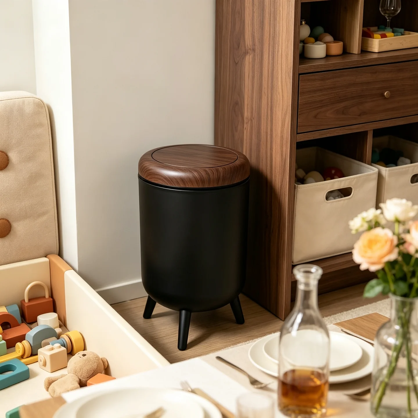 Tripod Elevated Round Press‑Open Trash Bin with Wood‑Tone Lid, Large‑Capacity Decorative Waste Container for Household Living Spaces