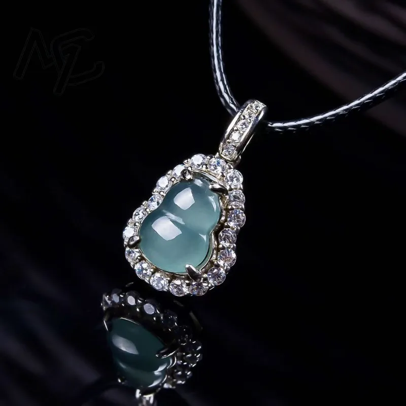 S925 Silver Natural Blue Water Jade Calabash Gourd Pendant Necklace Real Carved Charm Jadeite Jewelry Fashion Amulet Gifts Women