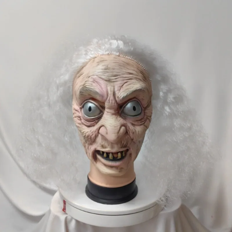 قناع الساحرة للسيدة العجوز مع شعر أبيض لحفلة الهالوين زي اللاتكس وحش ذو عيون كبيرة رجل عجوز للنساء قناع تنكر مخيف #1