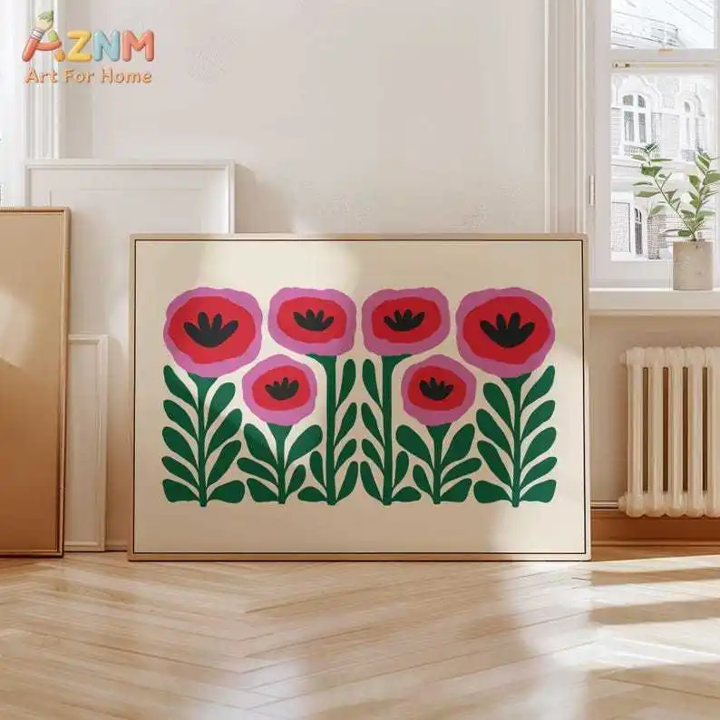 AZNM Tableau mural sur toile minimaliste abstrait, motif coquelicot rose et rouge, feuille verte, imprimé floral rétro en blocs, toile non encadrée, décoration bohème pour salon