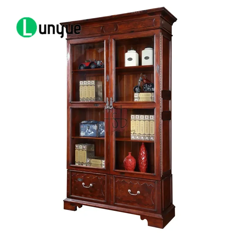 Solid Wood Display Cabinet with Glass Doors and Drawers American Chinese Style Sideboard Storage Furniture for Living Room