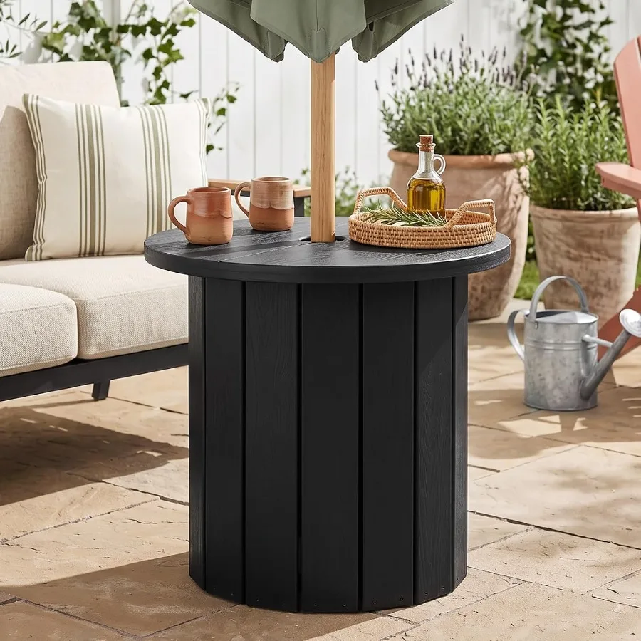 2-in-1 Patio Table Umbrella and Outdoor Side Table, Large Round Small Outdoor Table with Umbrella Hole, Fits 1.5-1.9in Pole, Sa