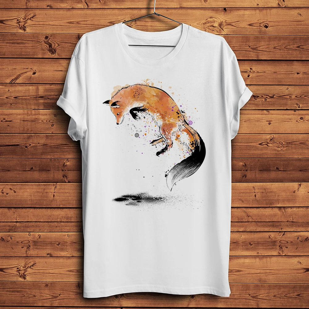 watercolor red fox Funny natural TShirt Men Short Sleeve O-neck Casual anime T Shirt Streetwear Unisex Tee breathable print