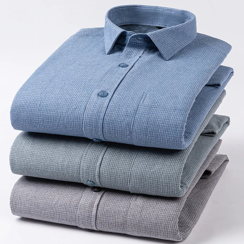 Winter Men's Plaid Shirt Warm Long-Sleeved Pure Cotton Fleece-Lined Thickened Casual Shirt for Cold Weather