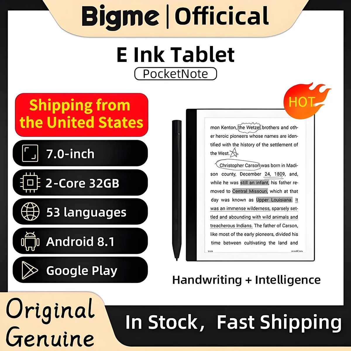 

Bigme pocketNote ebook reader, 7'' e-ink screen electronic book, Android system,support google play, Eink screen ebook tablet