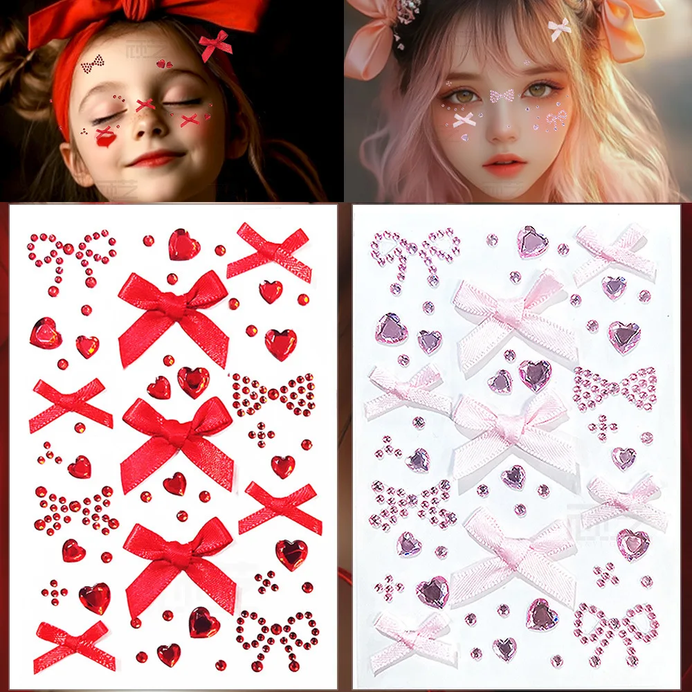 

1Pc Silk Ribbon Bow Heart Rhinestone Face Jewels Stickers Red Pink Bowknot Eyes Face Gem Tattoo Festival Party Makeup Decoration