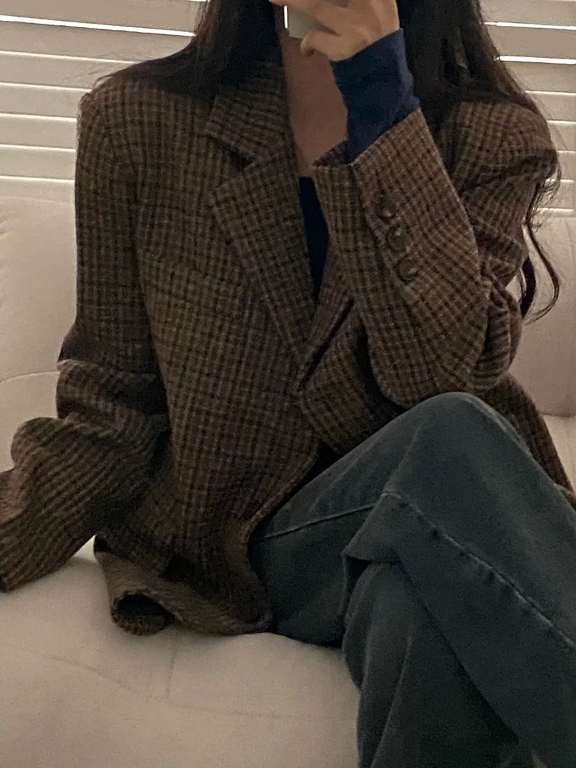 JLINS Ретро клетчатый костюм Jaet для женщин осень-зима корейский Sle длинный свек на пуговицах повседневная верхняя одежда