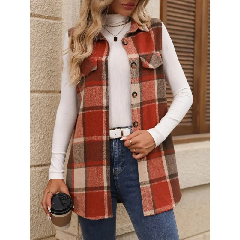 Mandylandy Fashion Plaid Sleeveless Vest Loose Coats Women Autumn Single Breasted Jackets Outwear Casual Streetwear Jackets