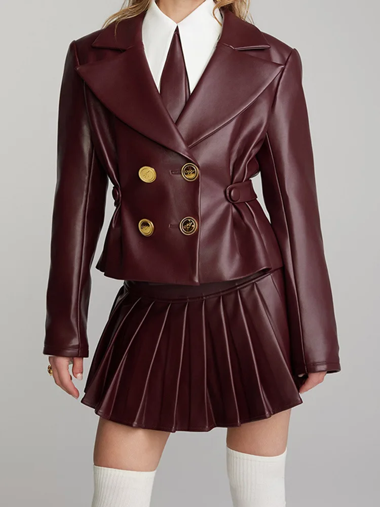 

PU Leather Coat Pleated Mini Skirt Sets Women Lapel Double Breasted Long Sleeve Coats High Waist Skirts Set 2025 Lady Suits