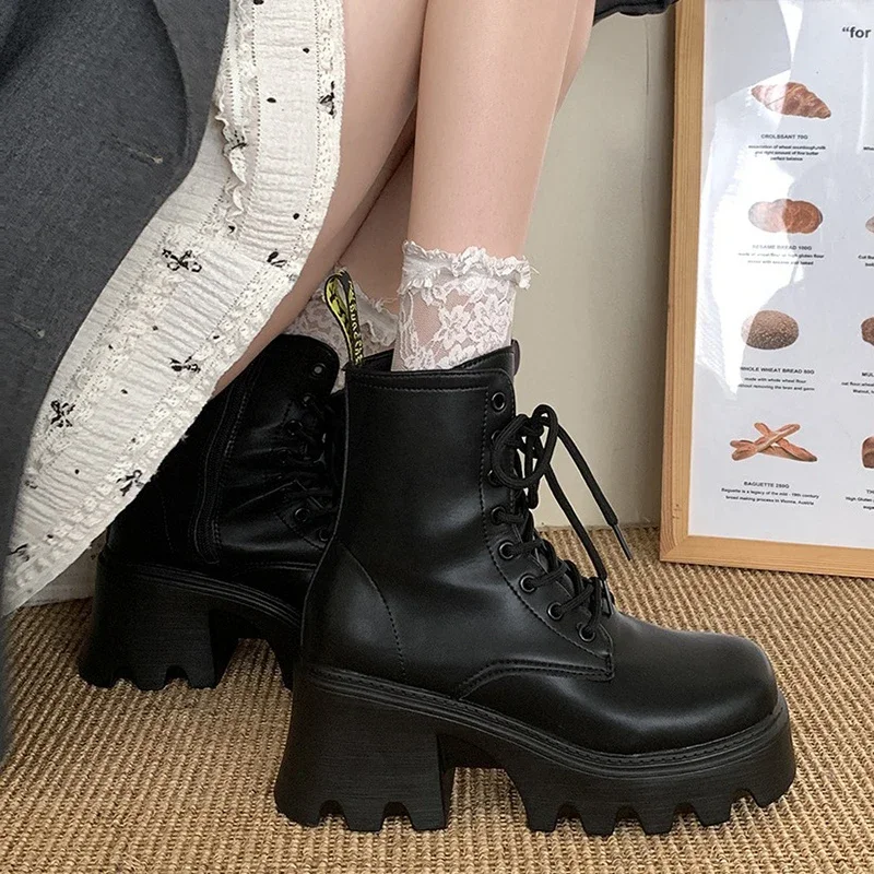 Winter Platform Women Motorcycle Boots Fashion Elegant Lace Up Shoes Thick Heel Vintage Women\'s Morder Short Booties