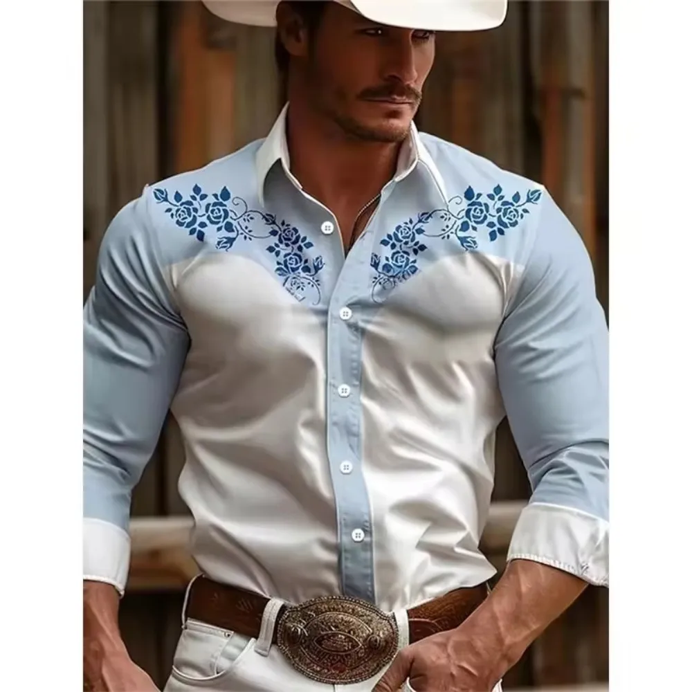 Retro patchwork rose print, Western denim shirt, men's long sleeved lapel button casual shirt in 20 colors!!!