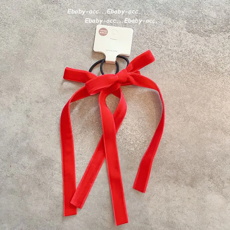 Hair Clips Double Sided Flocked Velvet Red Bow Clips Long Streamer Kids Girls Side Bangs Flyaways Taming Hair Ornaments