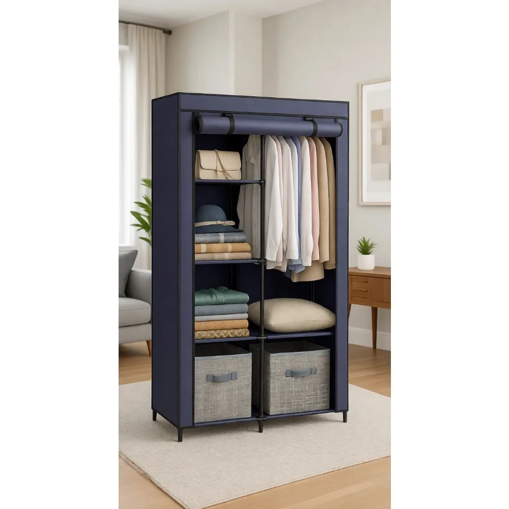 Portable Closet with Large Capacity and Fabric Cover, Dark Blue