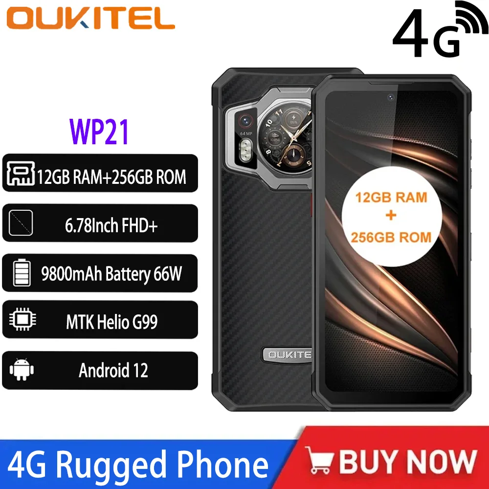 Oukitel WP21 Rugged Phone 4G Smartphones Android 12 Octa Core 12GB+256GB 6.78“ 64MP IP68&IP69K 9800mAh Mobile Phone Night Vision
